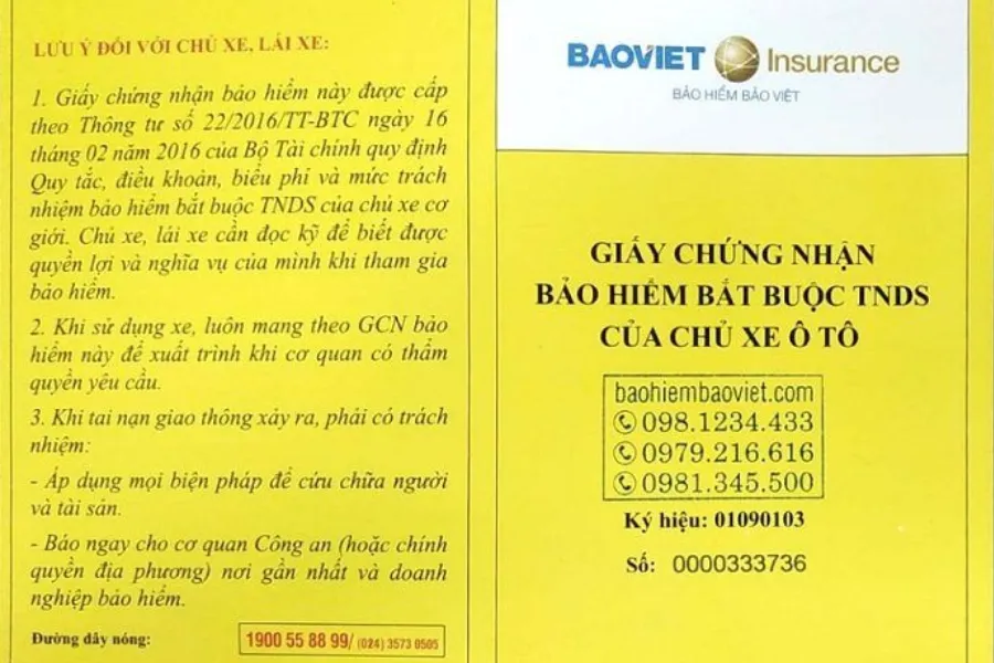 GIẤY CHỨNG NHẬN BẢO HIỂM Ô TÔ BẮT BUỘC