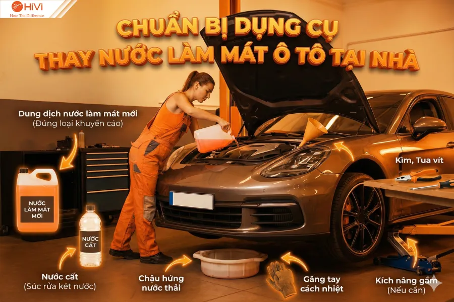 Chuẩn bị dụng cụ thay nước làm mát ô tô
